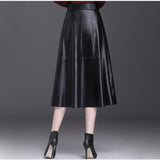 Autumn High Waist Midi A-Line Women Elegant Faux Leather Solid Color Pleated Maxi Long Skirts