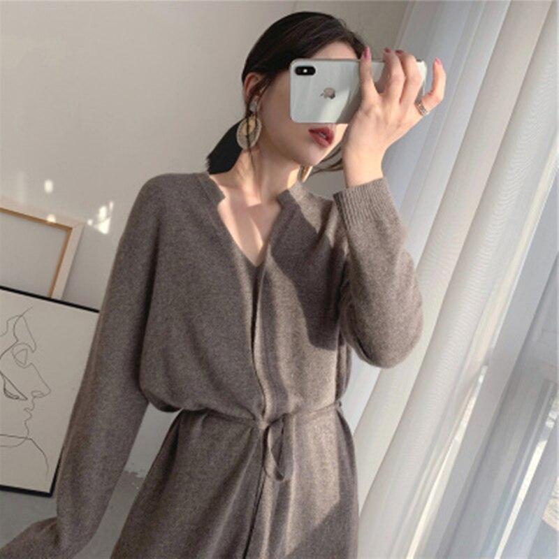 2021 Vintage Women Knitted Dress Autumn Winter Brief V-neck Warm Drawstring Lace-up Loose Midi Female Sweater Dress