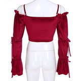 2021 Gothic Red Retro Vintage Women Tanks Tops Sexy Off-Shoulder Short T Shirts Flared Long-Sleeved Red Slim Crop Top Womenes