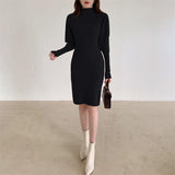 Autumn Winter Sweater Dresses For Women Mock Neck Puff Sleeve Casual Mini Dress Ribbed Soft Knitted Bodycon Dress