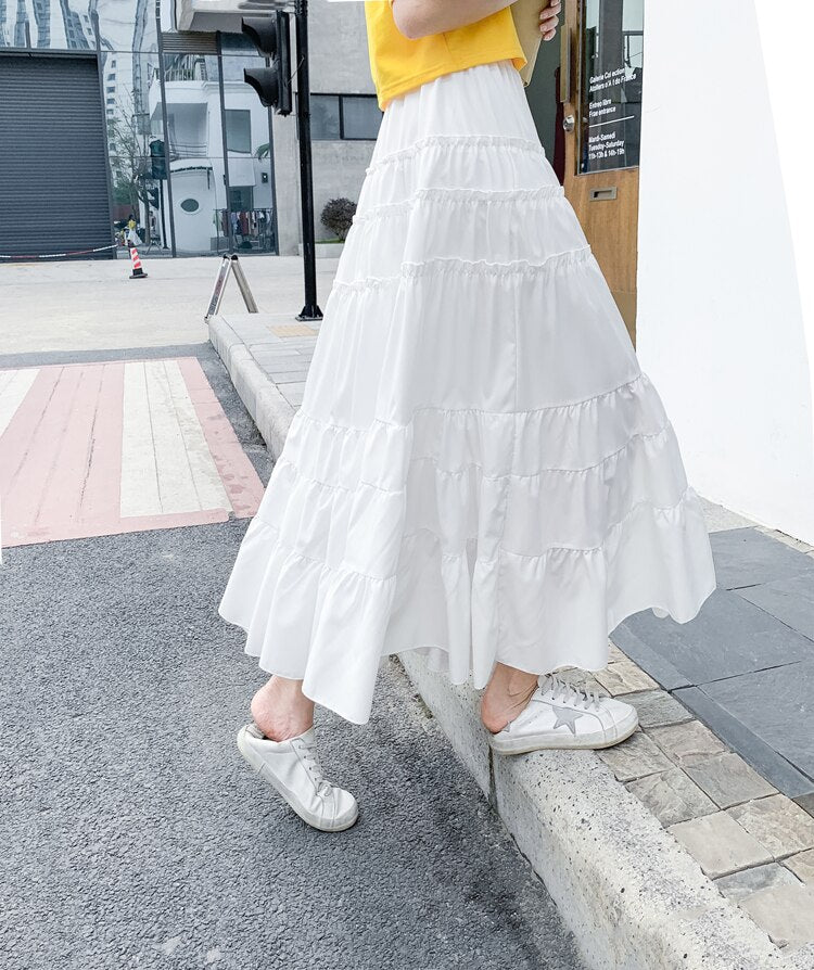 Summer High Waist A Line Skirts Womens Korean Style Office Ladies Cake Ruffles Long Casual Midi Calf Skater Female