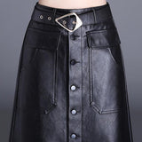 Vintage Faux Leather Long Women Elegant Korean A Line Black Streetwear Punk High Waist Ladies Midi Skirt
