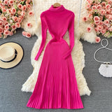 Autumn Winter Warm Turtleneck Sweater Dress Women Long Sleeve Casual Ribbed Knitted Midi Dress Elegant Pleated Dress