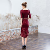 Women Half Sleeve Sequins Evening Elegant Party Dress With Belt Tea-length Asymmetrical Robe De Soriee