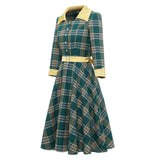 3/4 Long Sleeve Green Plaid Women Party Dress Gingham A Line Tunic Midi Shirt Style Button Up Rockabilly 50s Cotton Dresses Belt