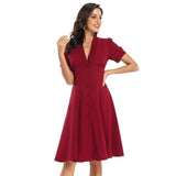 Retro Single Breasted Ruched V Neck Elegant Party Midi Women Rockabilly Vintage Swing Dress