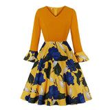 Butterfly and Striped Print Patchwork Vintage V-Neck Long Sleeve Spring A Line Casual Dress