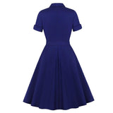 Vintage Style Bow Tie Neck Button Up Elegant Midi Pleated Summer Belted Pinup 50S Solid Dress