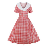 Gingham Print High Waist Women Vintage A Line Midi Cotton Fabric Double Breasted 1950S Rockabilly Plaid Dress