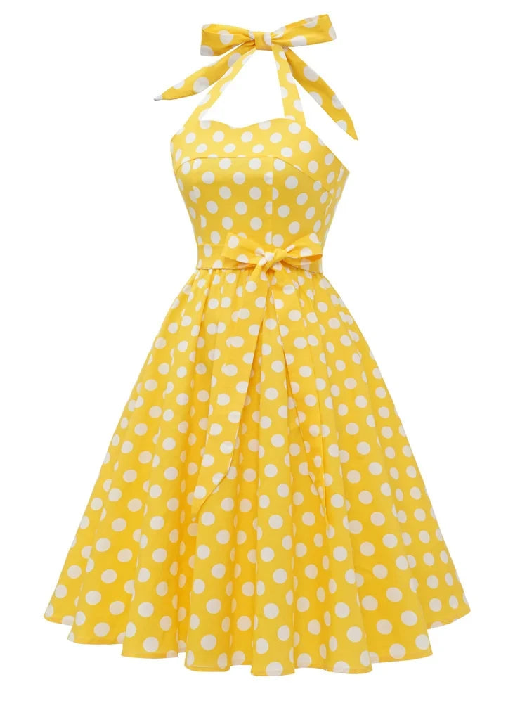Polka Dot Yellow 1950s Vintage Pinup Belt Pleated Dresses for Women Ha FashionLoveHunter Polka Dot Yellow 1950s Vintage Pinup Belt Pleated Dresses for Women Ha FashionLoveHunter
