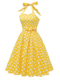 Polka Dot Yellow 1950s Vintage Pinup Belt Pleated Women Halter Neck Evening Party Cotton Dress