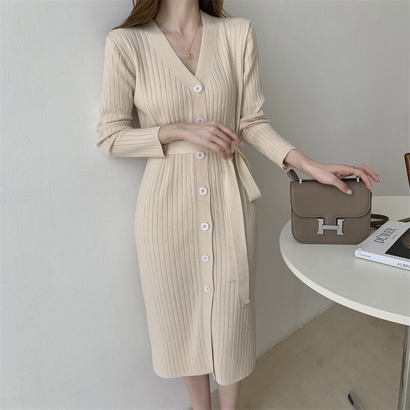 V Neck Long Sleeve Belted Ribbed Knitted Dress Fall Winter Button Up Casual Midi Dress