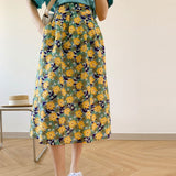 Summer Women High Waist Sweet Floral Print A-Line Elegant Skirt Oil Painting Outwear