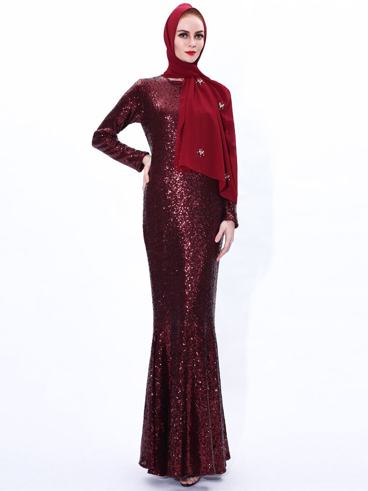 Ramadan Sequins Dress Arab Slim Muslim Dress Floor-Length Prom Gowns Robe De Soriee Full-Sleeve Mermaid O-neck Vestios