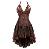 Women Gothic Steampunk Corset Dress Pirate Costume PU Leather Corset Bustier Lingerie Top With Asymmetric Floral Lace Skirt Set