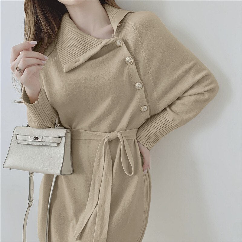 Turtleneck Long Sleeve Sweater Dress With Belt Button Knitted Elegant Midi Dress