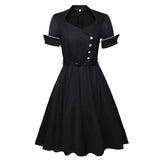 Black Elegant Button Front Women Vintage A Line High Waist Belted Knee Length Swing Dress