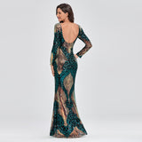 O-neck Long-Sleeve Shinning Sequins Evening Dress Sexy Backless Mermaid Gowns Maxi Dress