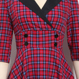 V Neck Wrap Double Breasted High Waist Tartan Vintage Autumn 3/4 Length Sleeve Elegant Plaid Dress