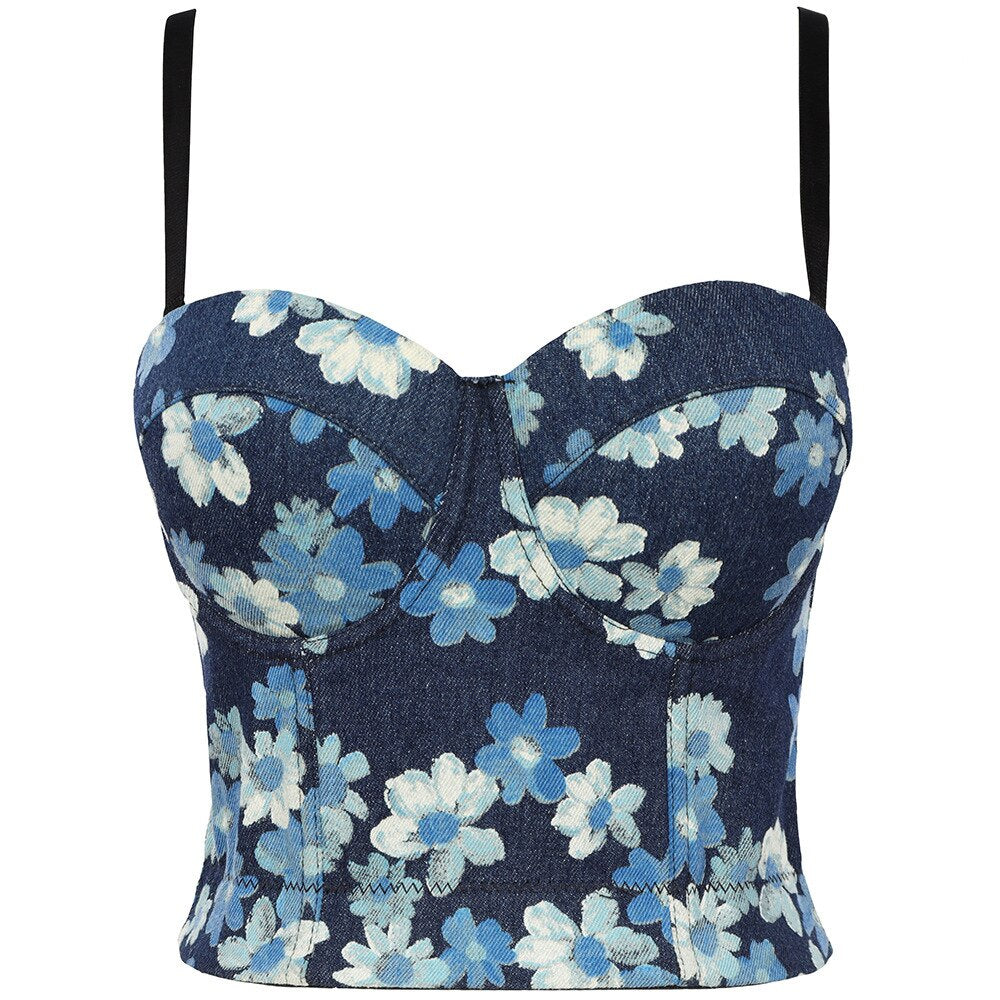 Sexy Denim Corset With Cup Nightclub Party Short Women Camis In Bra Cropped Crop Top Push Up Chest YH1193