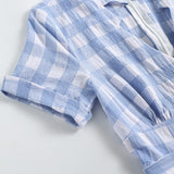 2021 White and Blue Plaid V-Neck Short Sleeve Women Summer Elegant Dress Vintage A-Line High Waist Midi Dresses with Belt