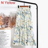 Women Chiffon Pleated Skirt Elastic High Waist Summer Print Casual Midi Long Skirt