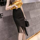 High Waist Knee-length Women Spring Office Style All-match Tassel Ladies Elegant Slim Skirt