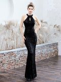 Women Sequined Party Long Dress Halter Sleeveless Mermaid Evening Dress Ladies Solid Sexy Robes Elegant Formal Gown