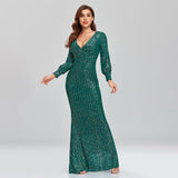 Plus Size Women Sexy V-neck Mermaid Evening Dress Long Gown Full Sequins long Sleeve Formal Vestidos