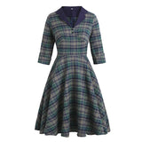 Notched Collar Buttons Retro 50s Style Midi Elegant Plaid 3/4 Length Sleeve Winter Vintage Dress