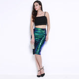 Sequins Pencil Bodycon Midi Green Women Party Club High Waist Zipper Skirt