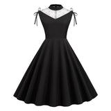 Contrast Mesh Pearls Beaded Elegant Party Mock Neck Tie Detail Women Vintage A-Line Summer Dress