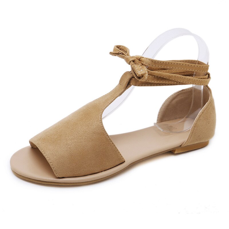 Women Solid Colors Bandage Cross Ankle Strap Fish Mouth Roman Sandals Summer Beach Flat Shoes