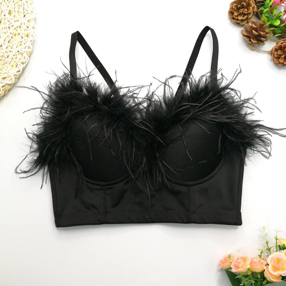Sexy Corset Feather Low Cup Nightclub Party Short Women Camis In Bra Cropped Crop Top Push Up Breast