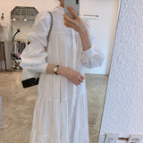 Stand Collar White Shirt Dress Long Puff Sleeve Tiered Gathered Loose Casual Midi Dress