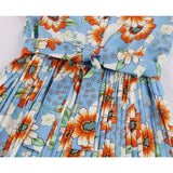 1950s Floral Print Short Sleeve Bow Tie Neck Midi Retro Vintage Pleated Dress