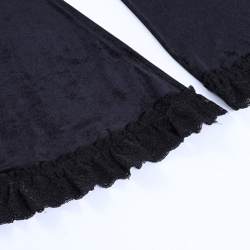 2021 Gothic Black Velvet Lace Trim High Waist Slim Fit Flare Pants Vintage Clothes Women Trousers Streetwear Skinny Pants