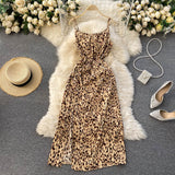 Leopard Print Elegant Vintage Midi Dress Sleeveless Spaghetti Strap Slit Sexy Dress