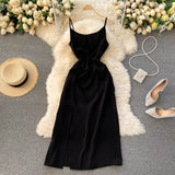Leopard Print Elegant Vintage Midi Dress Sleeveless Spaghetti Strap Slit Sexy Dress