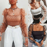 2021 Spring Summer Polka Dot Lace Blouse Women Mesh Puff Sleeve Shirts Fashion Slim Square Collar Tops Female Blouse Shirt