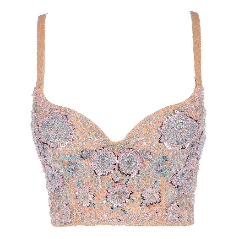 Women Camis Corset In Bra Sexy Beaded Embroidery Cropped Crop Top With Low Cup Push Up Bustier