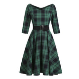 2021 Green Plaid Elegant 1950s Style Vintage Robe V Neck High Waist Dress 3/4 Length Sleeve Women Retro Clothes Midi Dresses