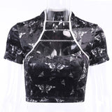 2021 New Retro Printed Black Sexy Crop Top Chinese Style Halter Top Cami Women Tank Tops Tees Tie Up Bustier Shirt Streetwear