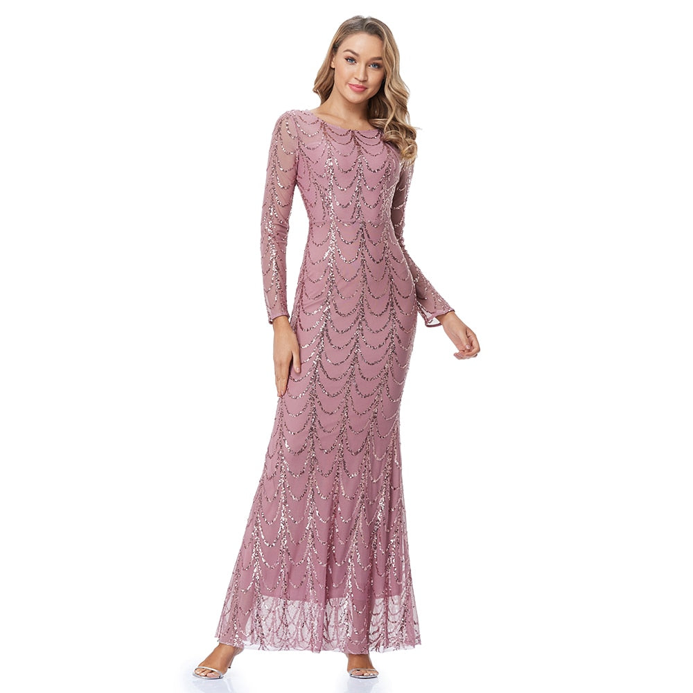 New Evening Pink Dress O Neck Full Sleeve Mermaid Sequins Tulle Floor Length Party Dress Women Formal Dress