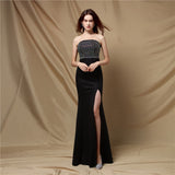 New Hot Drilling Off Shoulder Dress Sexy Strapless Slit Evening Women Party Maxi Dress