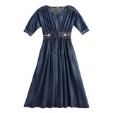 Women Spring Denim Half Sleeve Embroidery Vintage Loose Style High Waist Long Elegant Vintage Dress