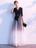 Tailored Collar V-neck Formal Dress Black Long-sleeve Tulle A-line Occasion Evening Dress Women Gowns Burgundy Dress