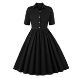 Turn down Collar Button Up Vintage Pleated Shirt Half Sleeve Solid Elegant Office Dress