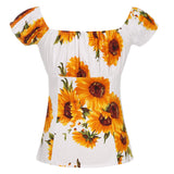 2021 Summer Women Vintage 50s Pinup Blouse White Sunflower Print Elastic-Neck Shirt Plus Size Retro Vintage 40s 50s 60s Clothing