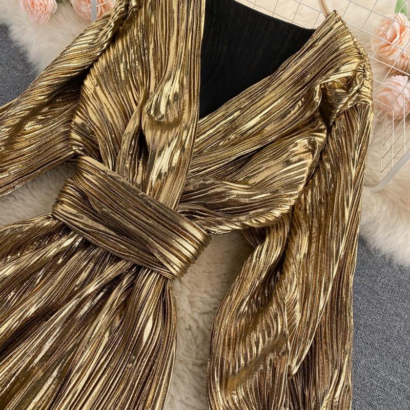 Women Vintage Clothes Gold Shimmer Pleated Elegant Belted Midi Dress Sexy Deep V Neck Evening Party Dress